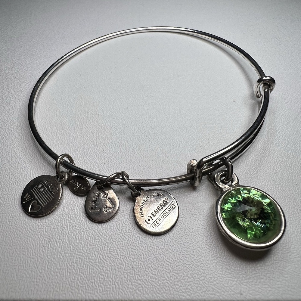 Alex and Ani Green Peridot Infused With Energy Silver Tone‎ Bangle Bracelet Vtg